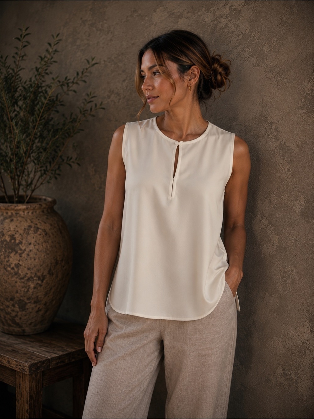 aritzia Babaton Key Slit Cream Sleeveless Blouse